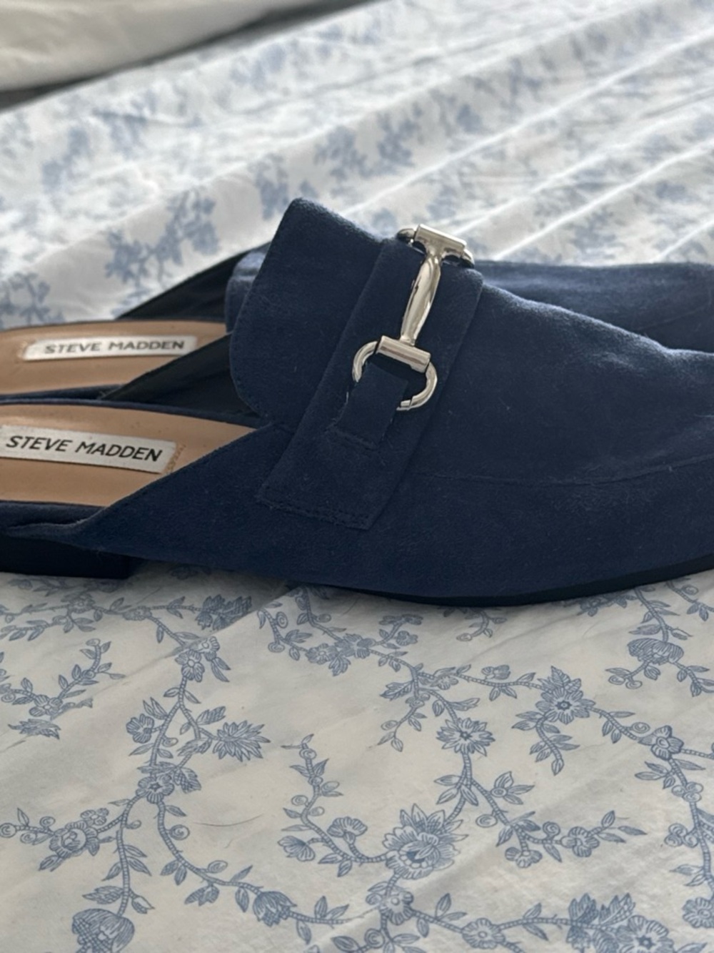 Steve Madden Navy Suede Backless Mules with Silver Bit